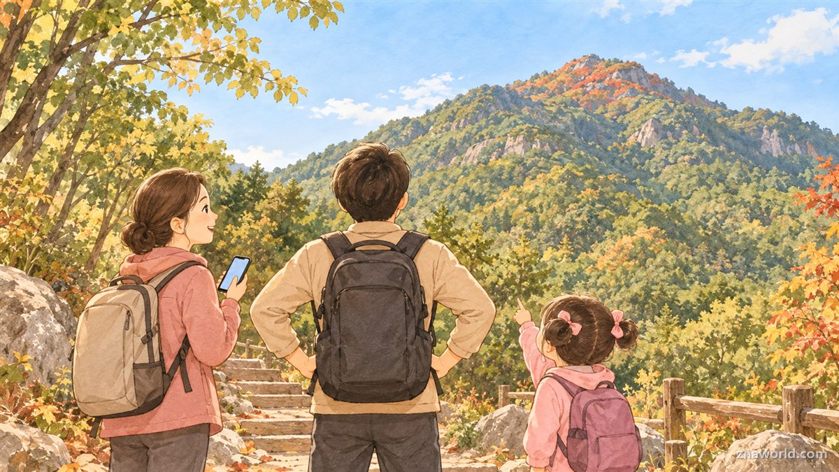 단풍 시기를 놓쳐 초록 산 앞에 선 가족