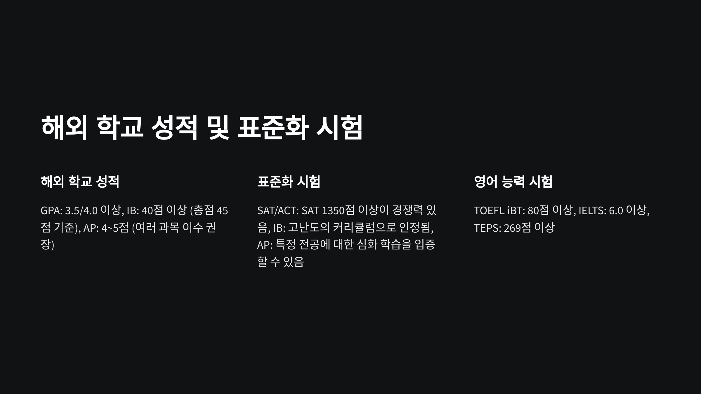 해외 학교 성적 및 표준화 시험 요건. GPA, IB, AP 등의 성적 기준과 SAT, TOEFL 등 시험 요건이 설명된 이미지.