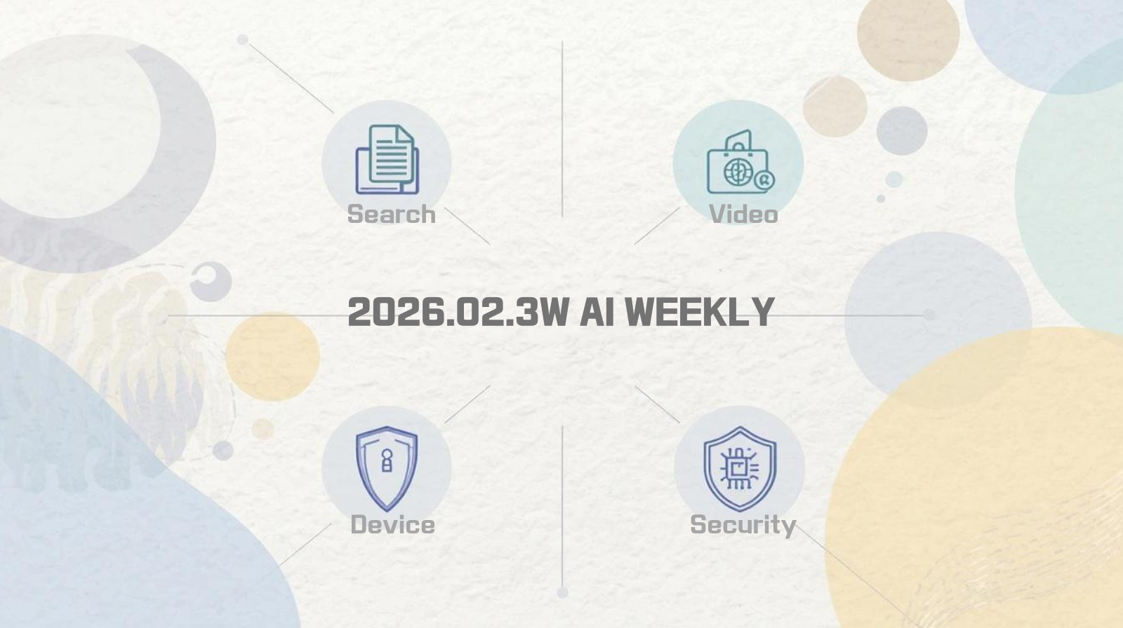 연한 파스텔 톤의 기하학적 배경 위에 네 가지 핵심 아이콘(Search, Video, Device, Security)이 방사형으로 배치되어 있고, 중앙에 '2026.02.3W AI WEEKLY'라는 타이틀이 적힌 미니멀한 스타일의 AI 리포트 표지 이미지