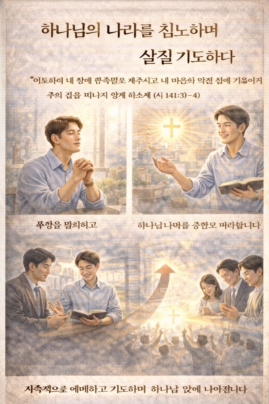 시141:3-4 말씀을 보며&amp;#44; 제가 말에 주의하고&amp;#44; 욕망을 멀리하며 옳은 것에 마음을 둘 수 있기를 기도합니다. 제가 오늘 만나는 사람들에게 절대 긍정의 시각에서 하나님을 구하며 하나님 나라를 침노하는 삶을 살아갈 수 있기를 간절히 기도합니다. 주여&amp;#44; 제 삶을 인도하시며 제가 하나님의 나라를 바라보는 신앙을 지켜갈 수 있고 새롭게 되는 모습입니다.