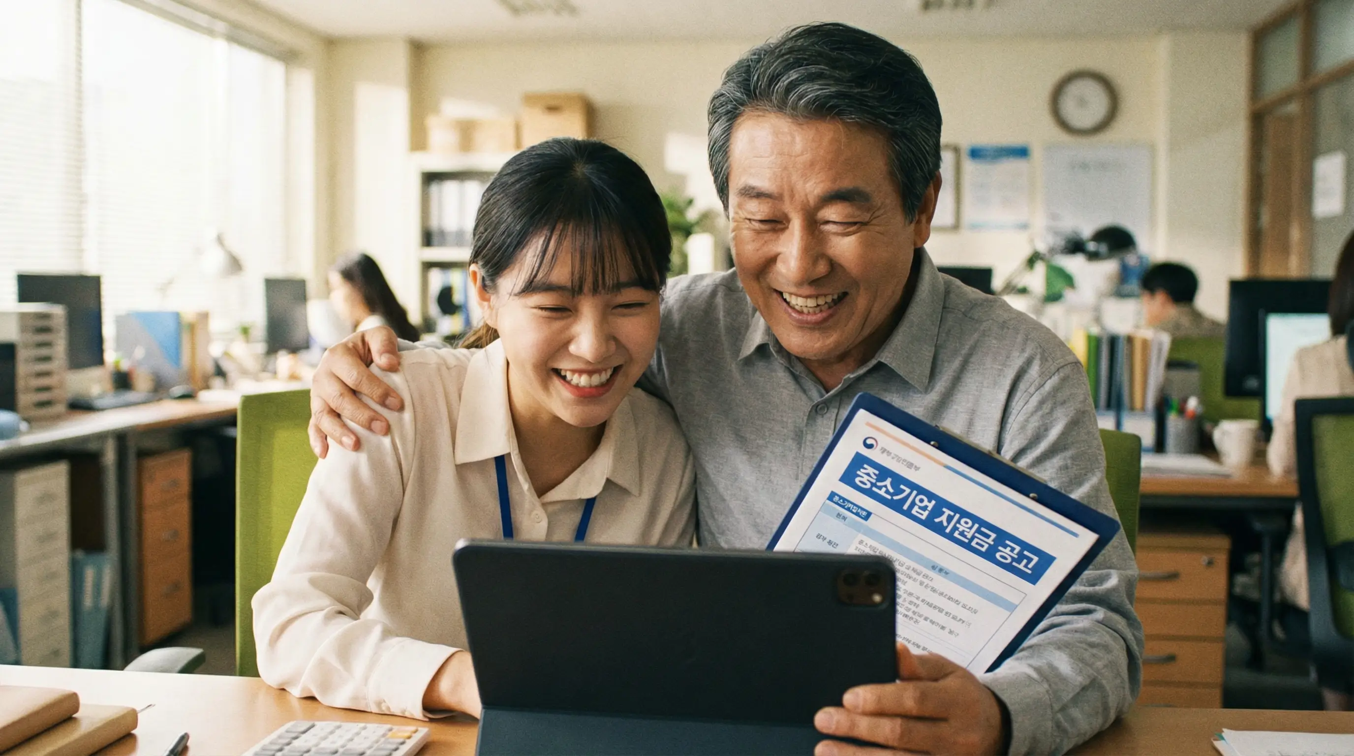 중소기업 사장님과 직원이 태블릿 PC로 지원금 공고를 확인하며 웃고 있는 모습, 긍정적인 분위기