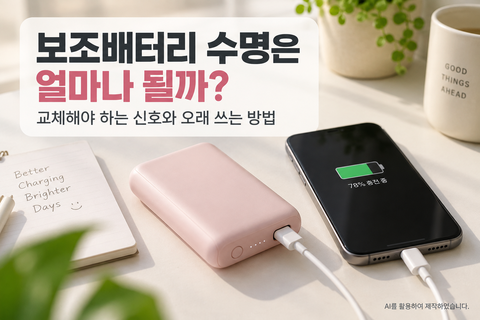 보조배터리 수명과 교체 신호 및 오래 사용하는 방법을 설명하는 이미지