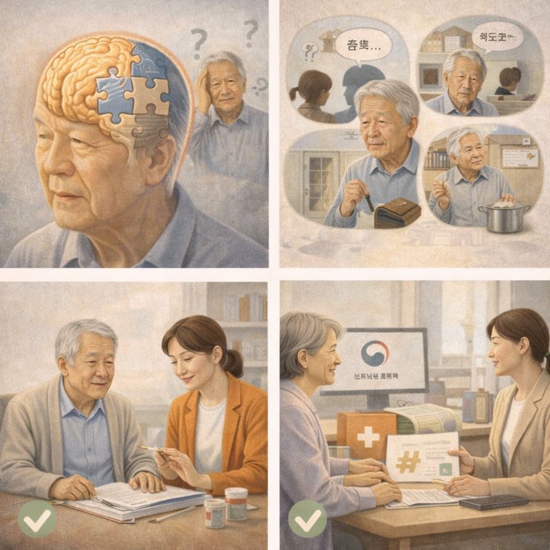 치매 환자의 인지 저하 증상과 상담을 받는 노인의 모습