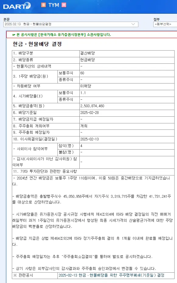 TYM(002900) 2025년 배당금