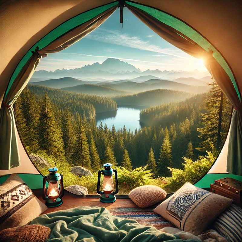 A breathtaking view of nature from inside a cozy tent., 텐트에서 바라 본 자연