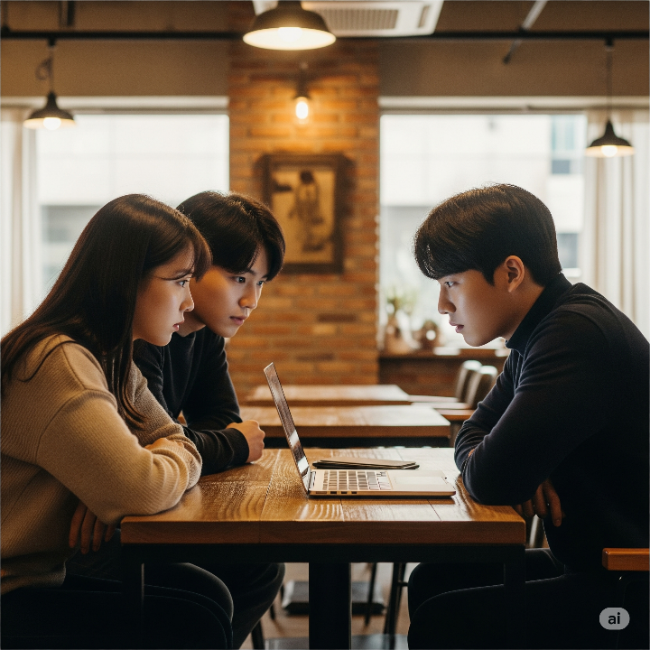 따뜻한 카페에서 노트북을 보며 대구 청년지원 정책에 대해 진지하게 논의하는 한국 청년 세명