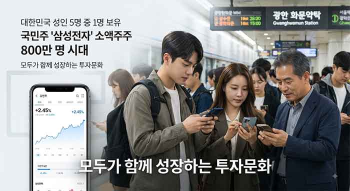 다양한 연령대의 사람들이 지하철역에서 스마트폰으로 주식 그래프를 보며 삼성전자 소액주주 800만 명 시대의 국민주 위상을 보여주는 모습.