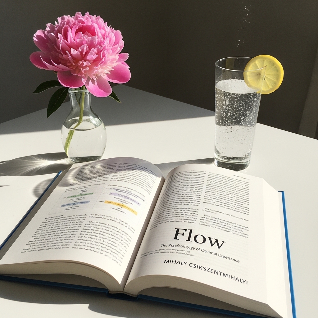 깨끗한 화이트 책상 위에 놓인 미하이 칙센트미하이의 '몰입(FLOW)' 도서와 활짝 핀 꽃 한 송이, 그리고 탄산수 한 잔. 밝고 공기가 잘 통하는 아침 햇살이 비치는 8k 초고해상도 사진