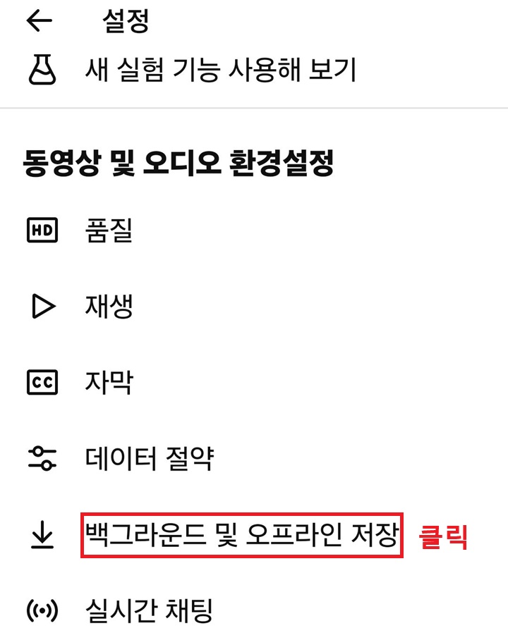 설정 페이지에 백그라운드 및 오프라인 저장 메뉴 보임