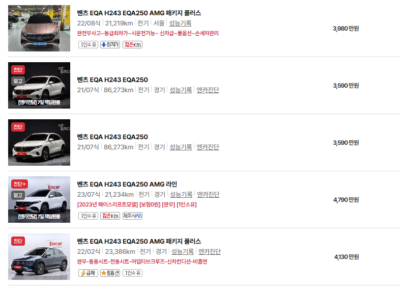 벤츠 EQA 중고차 가격 시세표 유지비