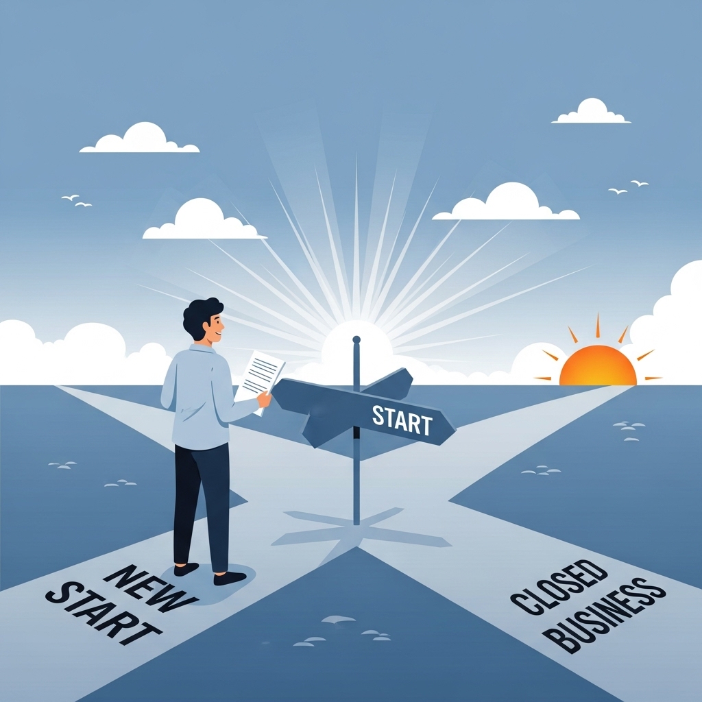폐업 후 새로운 시작을 꿈꾸는 개인사업자가 밝은 미래를 향해 걸어가는 희망찬 모습