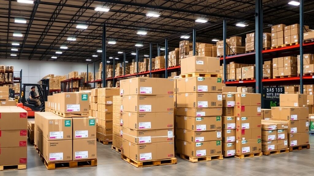 멈춰 선 컨테이너 열차와 물류창고에 가득 쌓여 운송되지 못하는 수많은 화물 박스들. 물류 마비로 인한 혼란을 시각적으로 보여준다