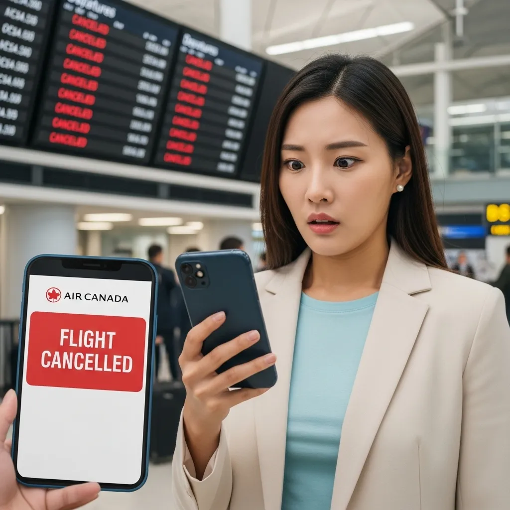 에어캐나다 파업으로 공항에서 항공편 취소 소식을 확인하고 망연자실한 여성 승객
