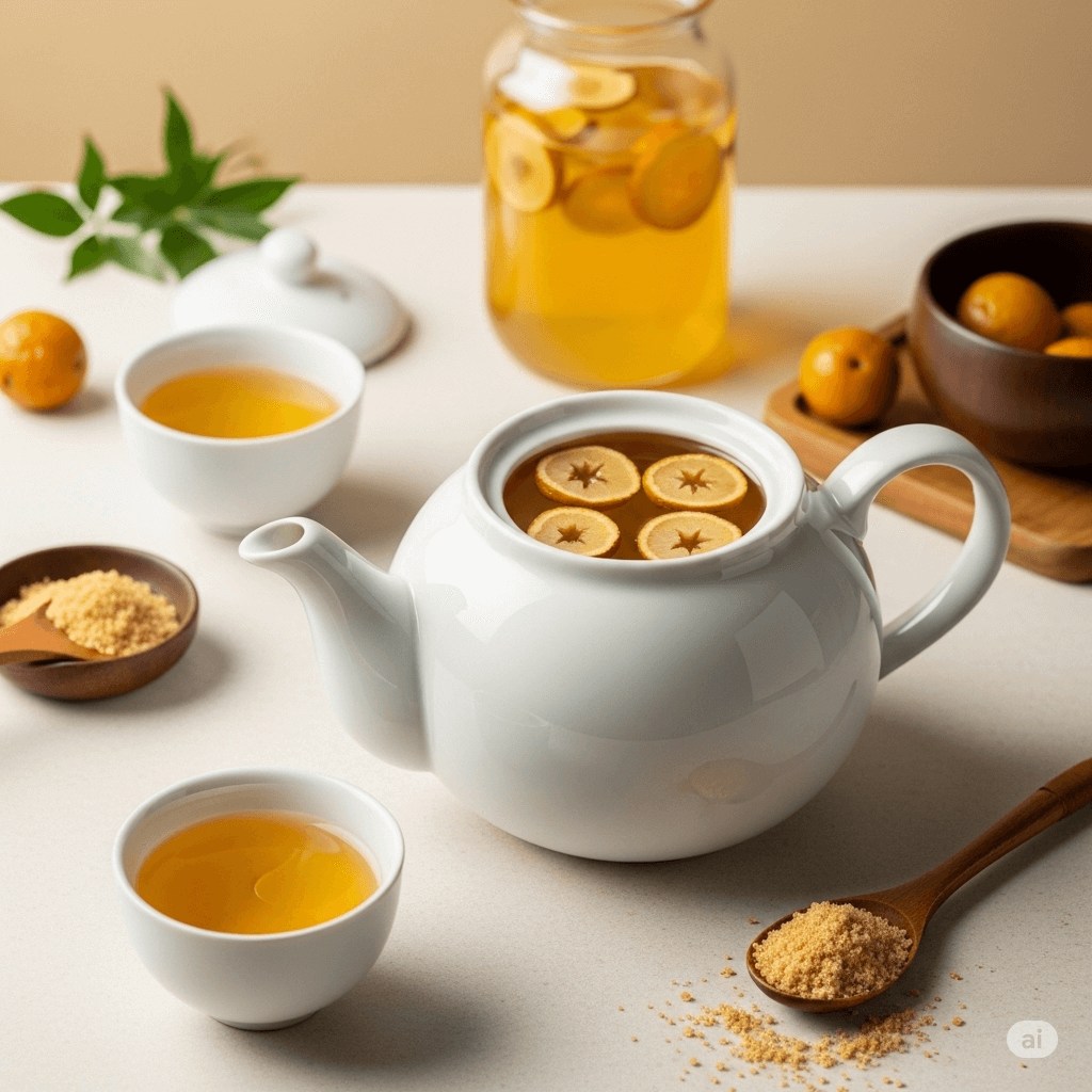 티팟 안에 든 귤차 사진