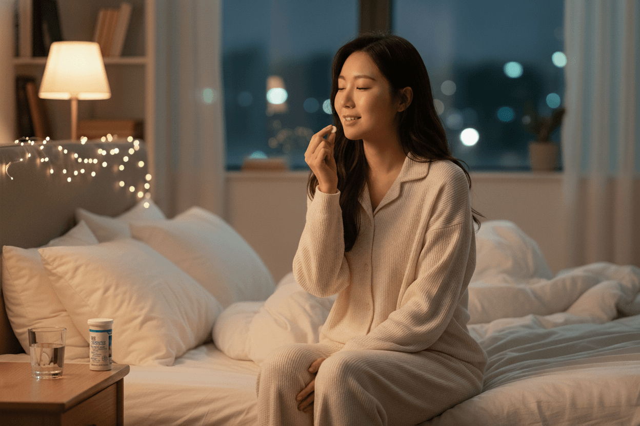 따뜻한 조명 아래 침실에서 파자마를 입은 한국인 여성이 잠들기 전 침대에 앉아 구강 유산균 정제를 입에 넣으려는 편안한 장면