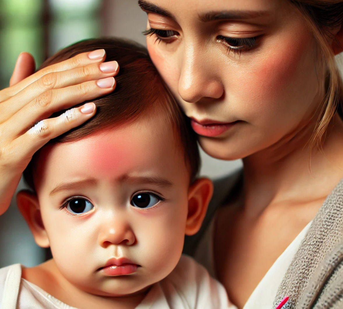 열이 나는 아기랑 걱정하는 엄마 사진