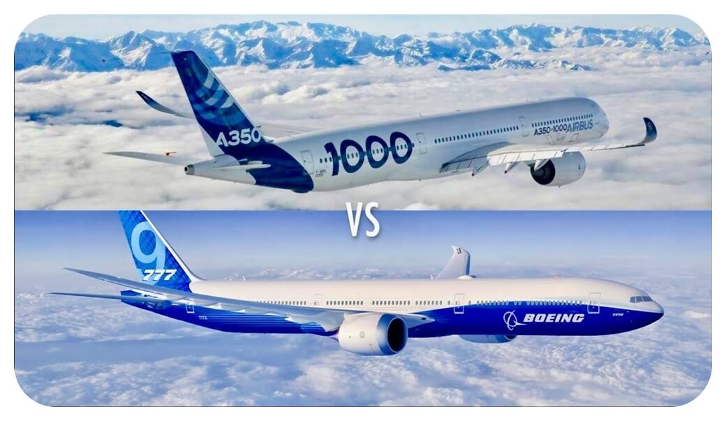 보잉 B777X와 에어버스 A350 여객기가 하늘을 날고 있는 모습을 찍은 사진