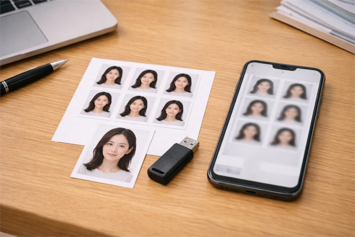 여권사진 파일 준비를 위해 사진과 스마트폰&amp;#44; 저장장치를 올려둔 상단 구도 