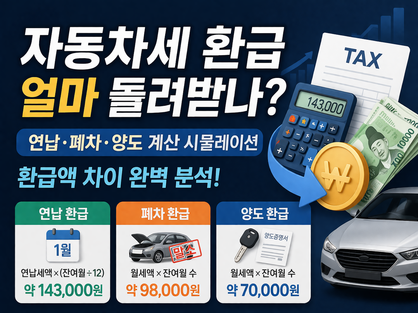 자동차세 환급 얼마 돌려받나: 연납&middot;폐차&middot;양도 계산 시뮬레이션으로 환급액 차이 완벽 분석