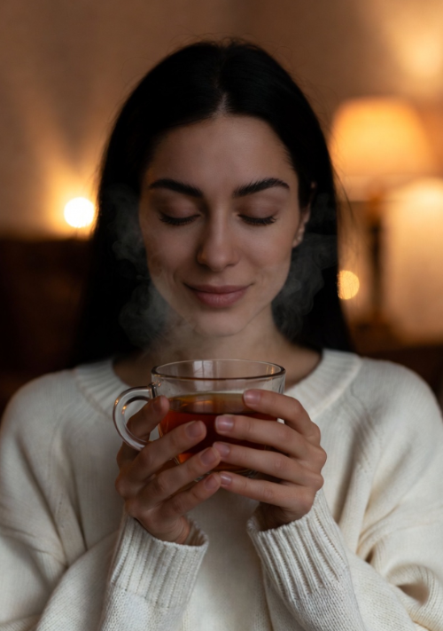 산후 면역력 회복을 위해 따뜻한 차를 마시는 여성