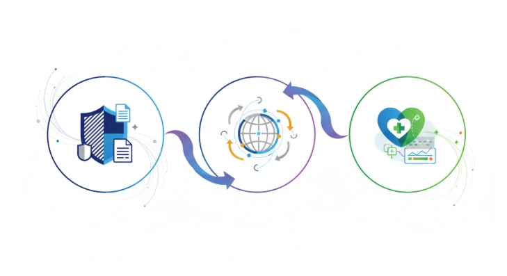 국세청, 해외 금융 데이터 교환, 건강보험공단으로 이어지는 해외 자산 정보 연동 과정을 추상적으로 표현한 인포그래픽 이미지.