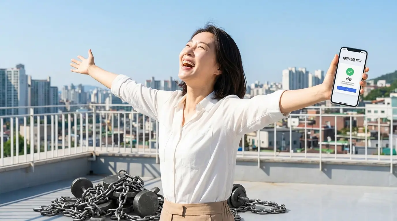 모바일 대환 대출 비교 앱을 통해 안전하게 대출 통합에 성공하여 무거운 빚의 짐을 벗어던지고 환하게 웃는 소비자의 모습