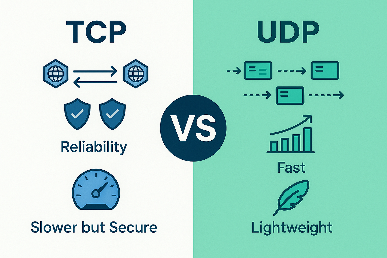 TCP vs UDP protocol performance comparison diagram showing connection types, speed differences, and use cases for network programming optimization