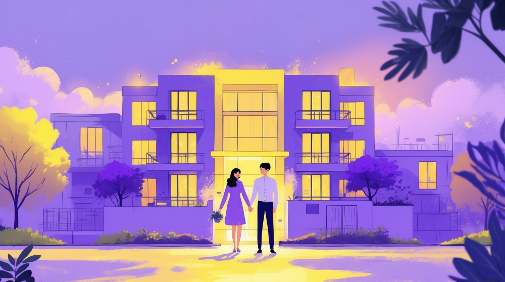 보라색과 노란색 조명의 아파트 앞에서 손을 잡고 행복하게 서 있는 신혼부부의 모습, 신혼부부 임차보증금 지원을 통해 얻는 주거 안정과 행복을 상징