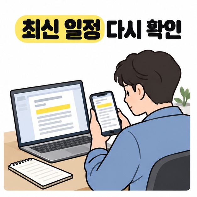 최신 일정 다시 확인이라는 문구 아래 남성이 노트북과 휴대전화의 강조된 문서 내용을 대조하는 모습
