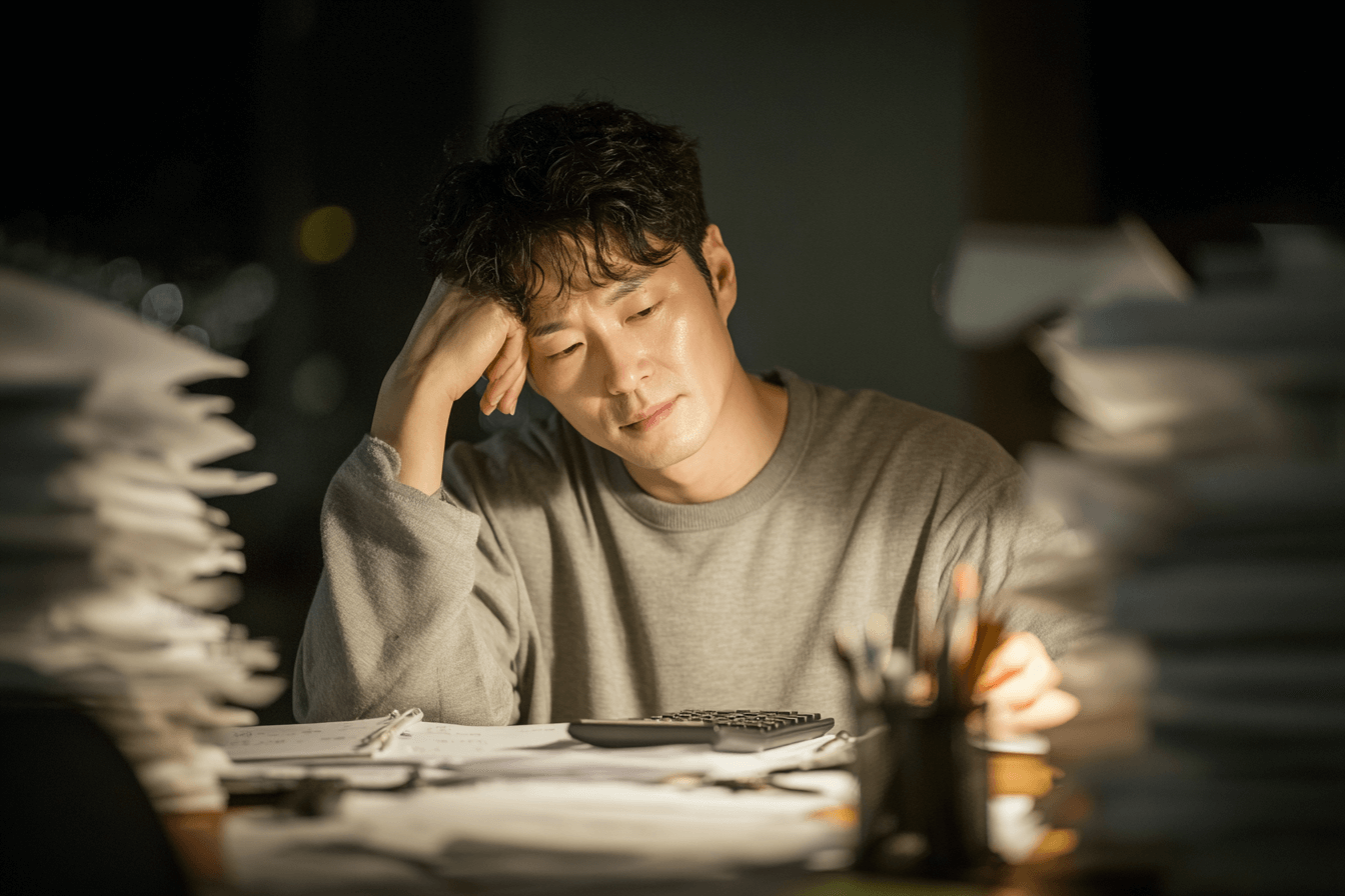 서류에-둘러쌓인-남성