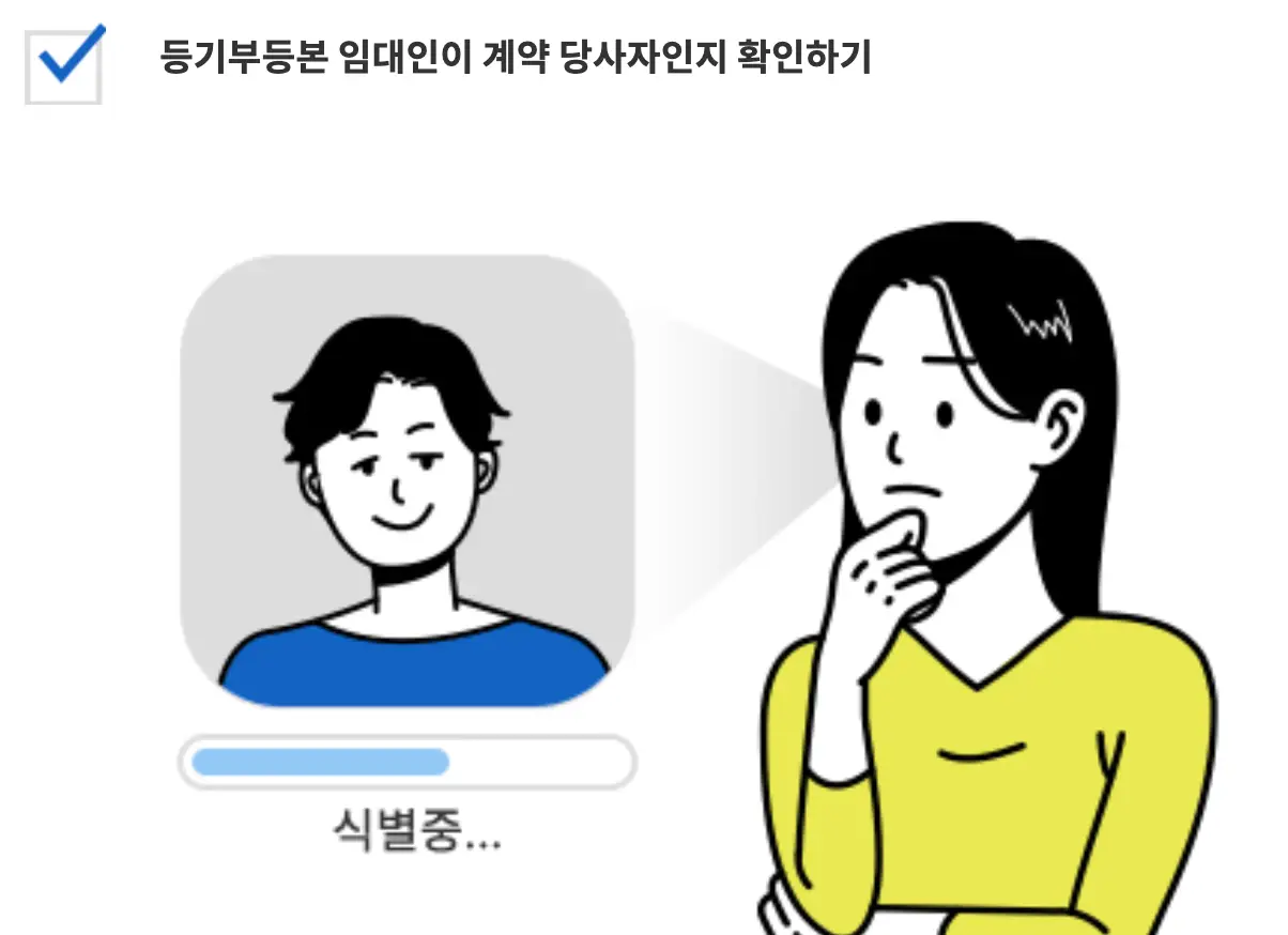 전세사기-좌측 상단 검은글씨 등기부등본 임대인이 계약 당사자인지 확인하기
아래 남자얼굴 아래 검은글씨 식별중... 우측 옆 노란옷을 입은 여자가 의심의 눈으로 남자를 바라보는 모습
