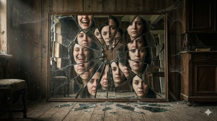 거울이 여러 조각으로 깨져 있고, 각 조각마다 웃는 얼굴, 우는 얼굴, 무표정한 얼굴이 각각 다르게 비치는 예술적인 컷.