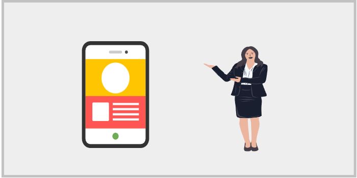 스마트폰 화면을 가리키며 설명하는 여성 캐릭터. 모바일 알림 서비스 안내를 상징하는 이미지