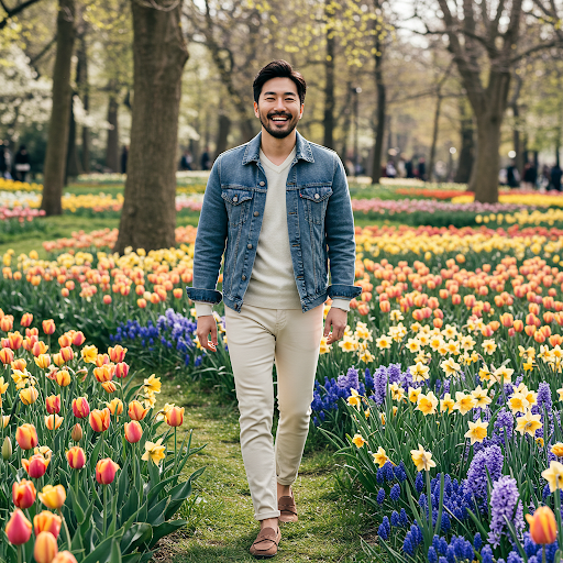 벚꽃나무 아래 놓인 나무 벤치에 앉아 편안한 브이넥 니트와 슬림핏 청바지를 입고 책을 읽고 있는 남성의 모습입니다. 자연스러운 햇살 아래 편안한 표정을 짓고 있으며, 흰색 스니커즈를 신어 캐주얼함을 더했습니다.