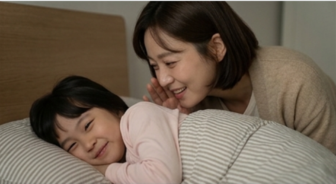 딸의 귓가에 다정히 속삭이는 엄마