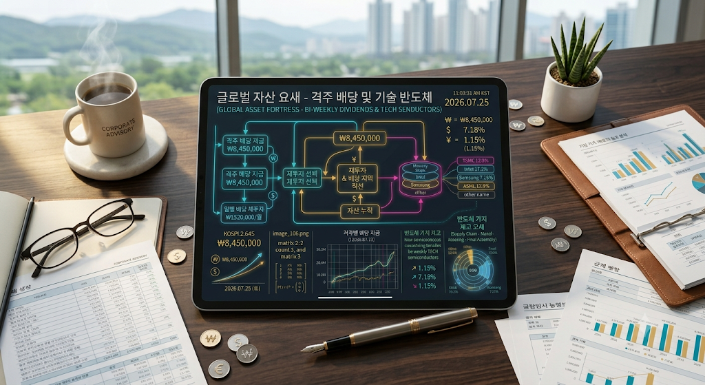 세련된 서재 테이블 위 태블릿 화면에 선명하게 정렬된 기존 ISA 만기 70년 연장 3대 체크리스트 및 건보료 과표 제외 아키텍처 구조도