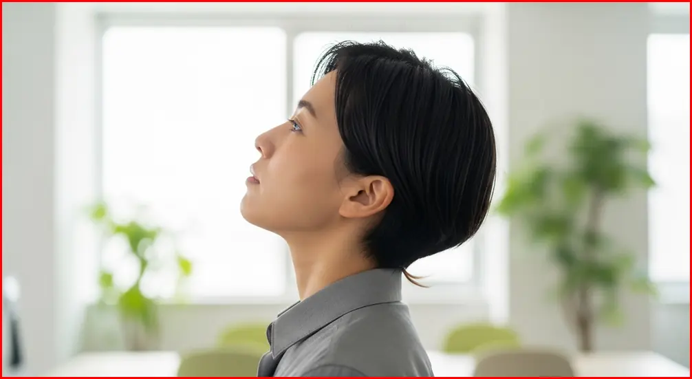 사무실에서 턱 당기기 스트레칭을 하고 있는 직장인의 모습