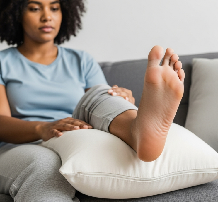 삐끗한 발을 베개 위에 올려놓고 심장보다 높게 유지하는 사람의 이미지. 거상의 중요성을 나타냅니다.