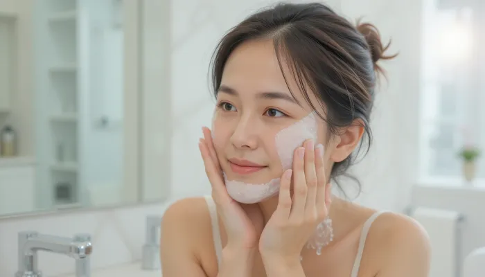 마스크를 벗은 후 부드럽게 세안하는 중년 여성