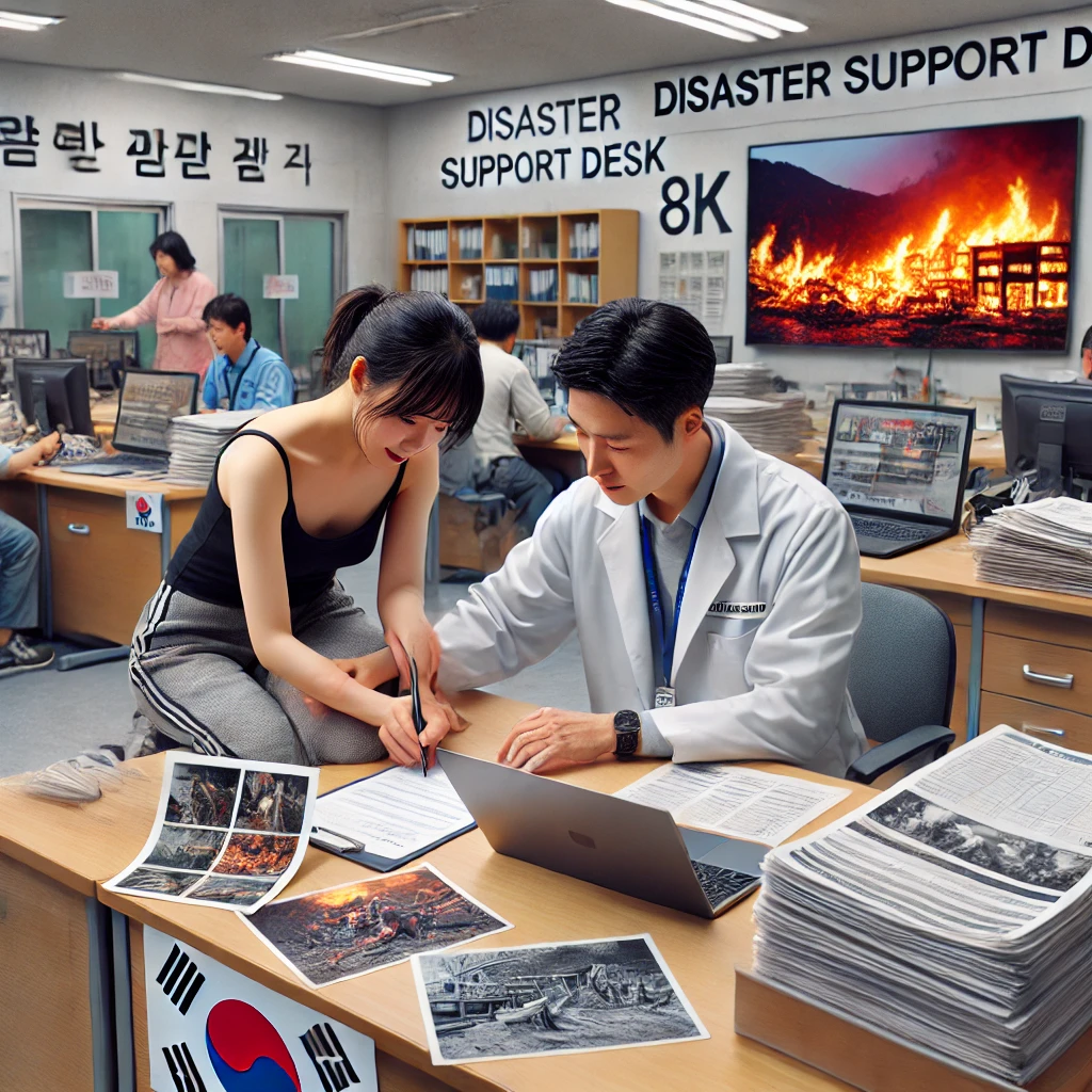 이재민이 서류 작성을 지원받는 행정복지센터 모습 