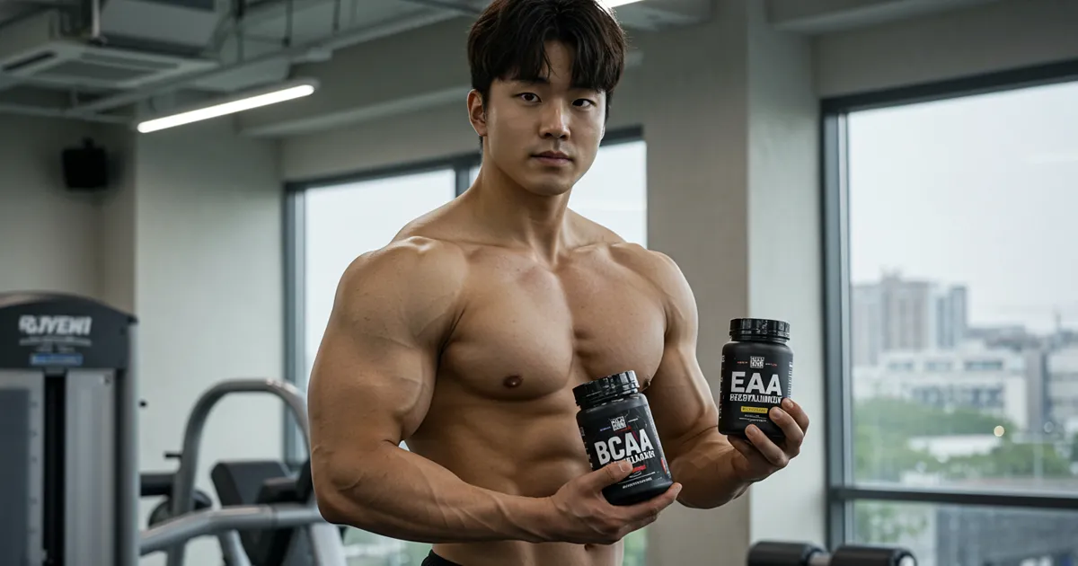 헬스장에서 BCAA, EAA 제품을 들고있는 근육 남성 이미지
