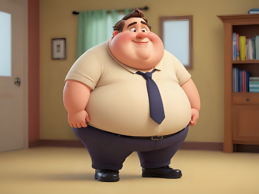 살이 많이 찐 비만인 남성이 반팔에 넥타이를 하고 서서 찍은 이미지 사진