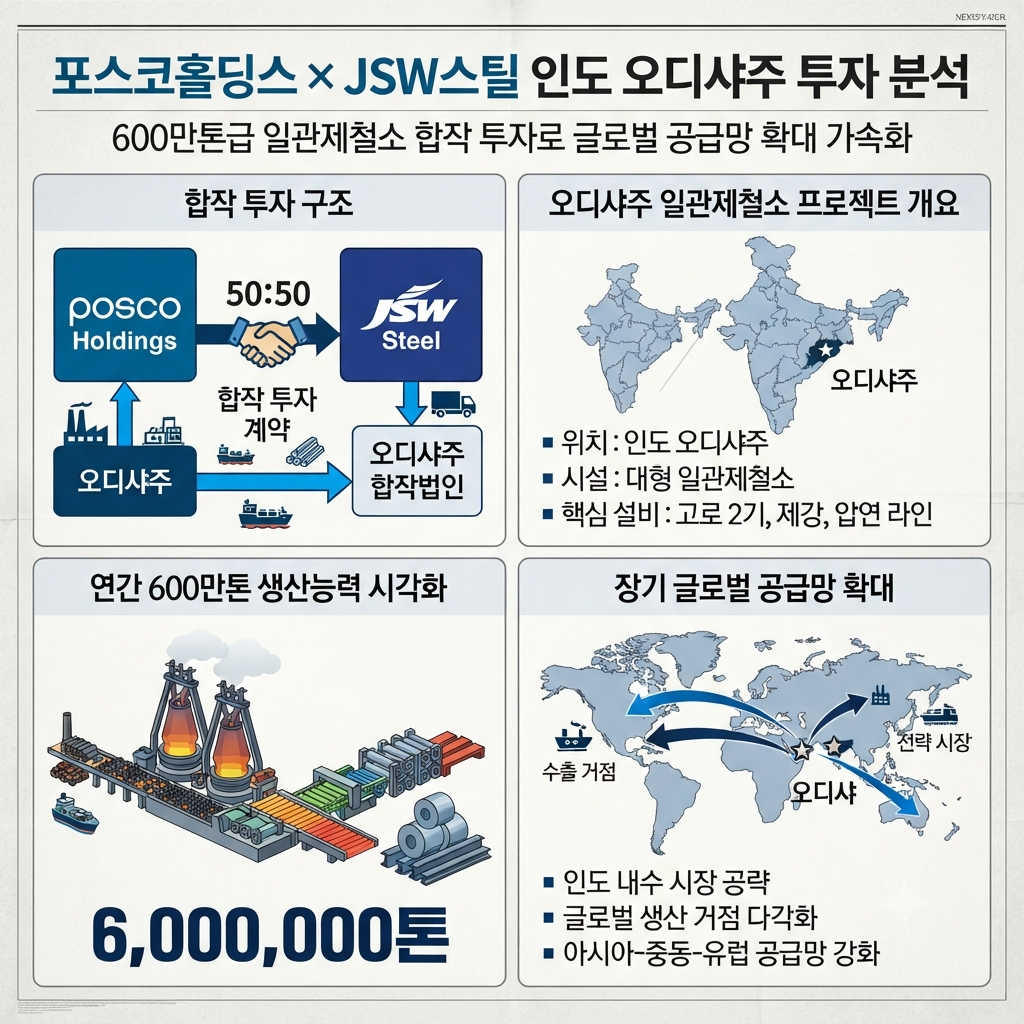 포스코와 JSW스틸의 인도 600만톤 일관제철소 합작사업과 포스코홀딩스 장기 성장전략을 보여주는 이미지