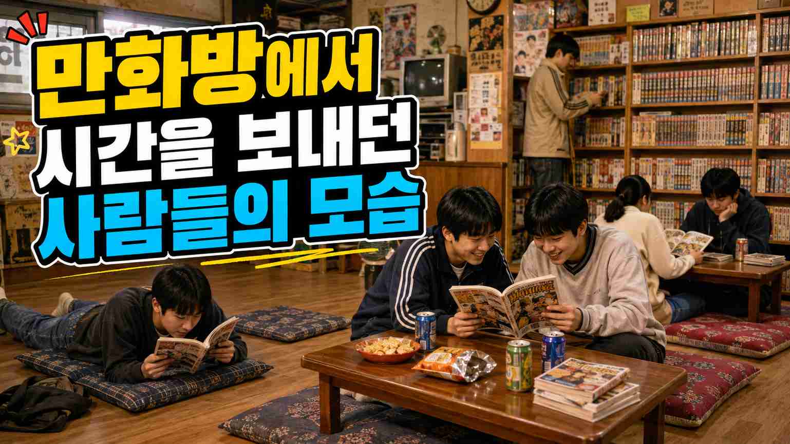 오래된 만화방에서 여러 사람이 낮은 테이블과 방석 주변에 앉아 만화책을 읽고 있는 모습
