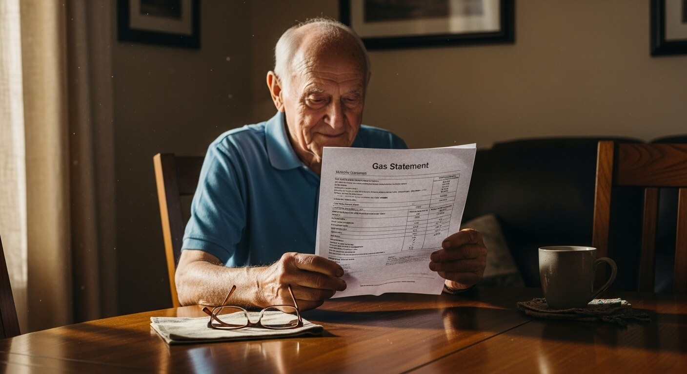 식탁에서 도시가스 요금 고지서를 살펴보는 노인