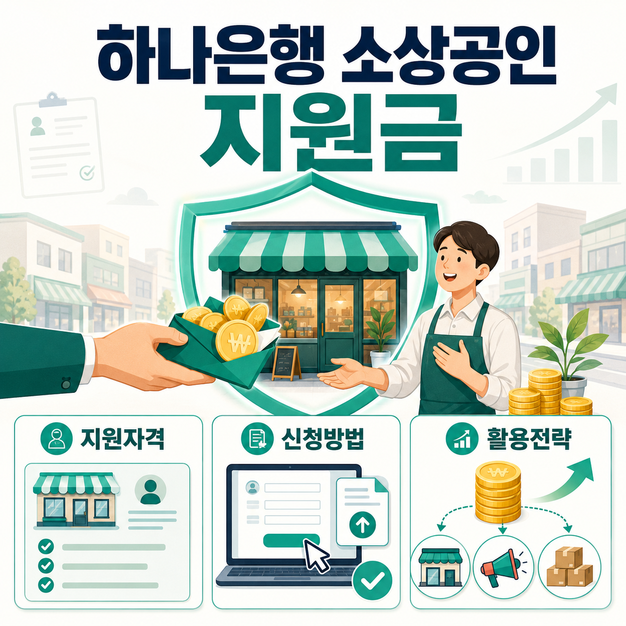 하나은행 소상공인 지원금의 지원자격, 신청방법, 활용전략을 안내하는 금융 인포그래픽
