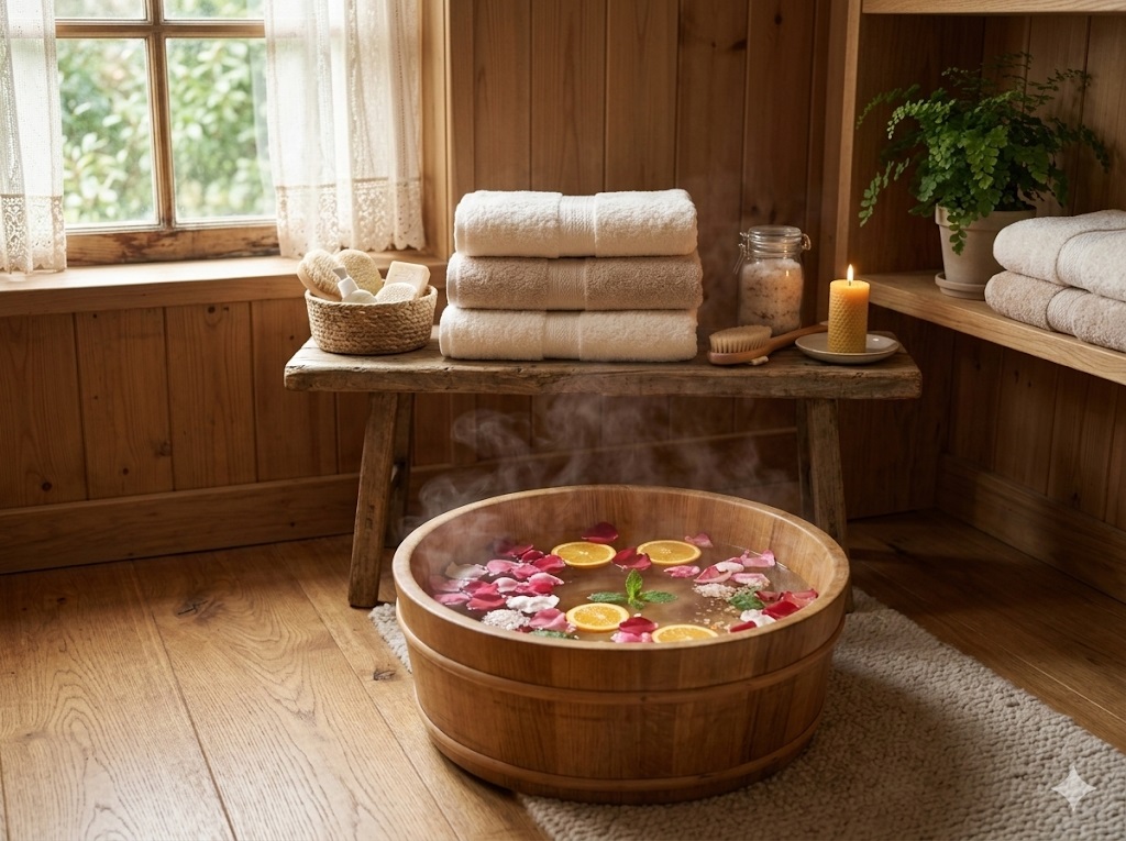 혈액순환 개선과 수족냉증 완화에 도움을 주는 따뜻한 나무 족욕기 세팅