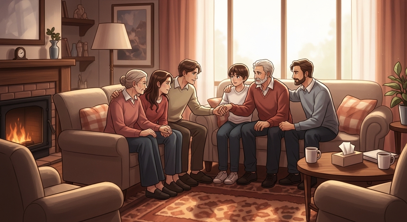 편안한 분위기에서 서로를 바라보며 진솔한 대화를 나누는 가족의 모습.
