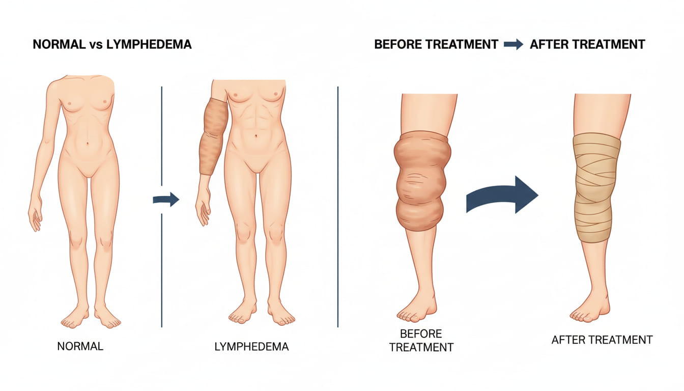 림프부종으로 부은 팔/다리와 정상 부위를 비교한 모습. 림프순환이 막히면 한쪽이 코끼리 다리처럼 붓는 특징이 있습니다.