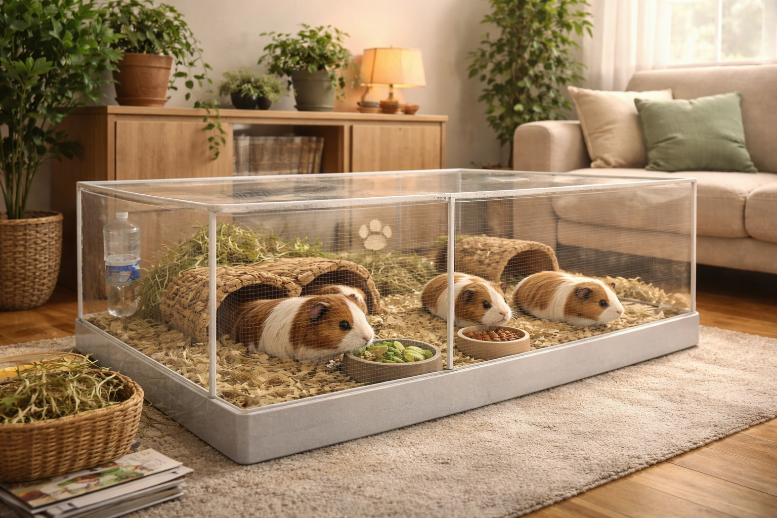 넓은 케이지 안에 있는 네마리의 기니피그 이미지